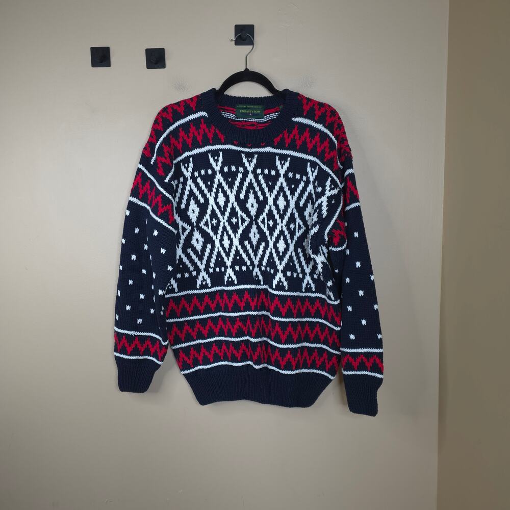 Vintage Embassy Row Chunky Argyle Print Grandpa Crewneck Sweater Hand Knit Small